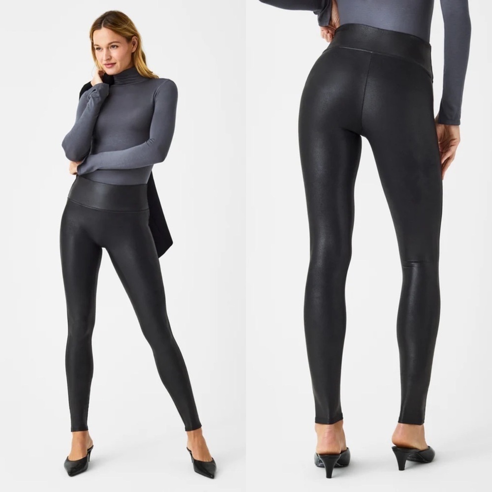 Spanx Faux Leather Leggings in Black Compression Waistband Petite  XS